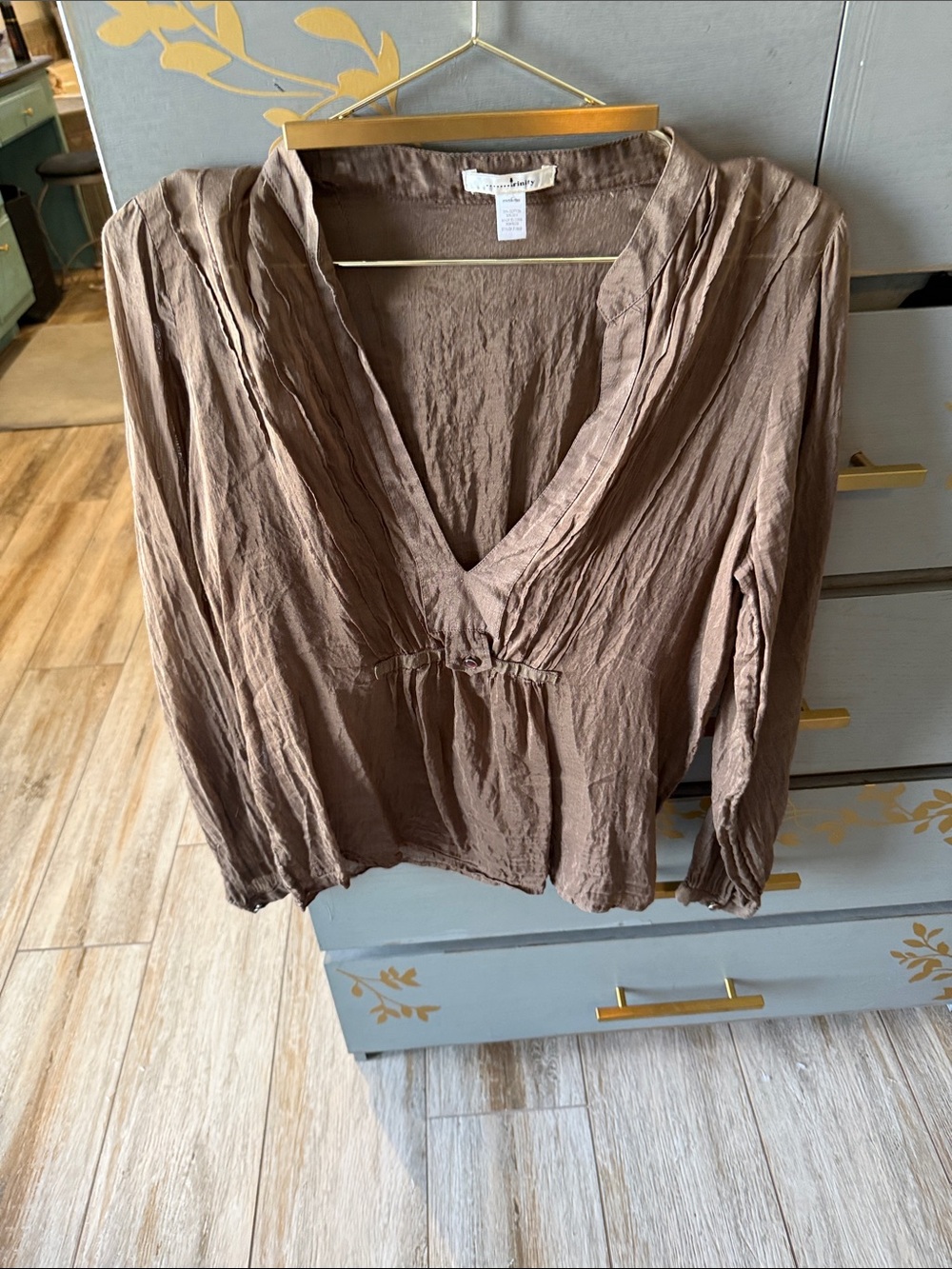 Trinity Taupe V-Neck Pleated Long Sleeve Blouse
